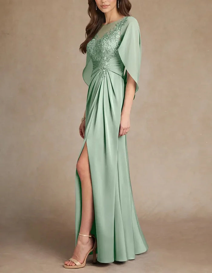 Robe de soirée élégante vert eucalyptus à manches cape avec détails en dentelle