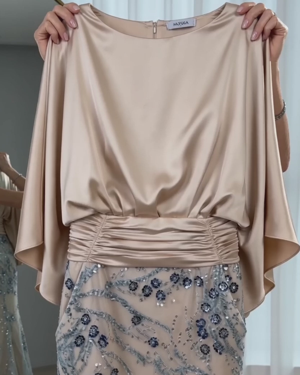 Champagne-colored Satin Cape-sleeved Maxi Dress